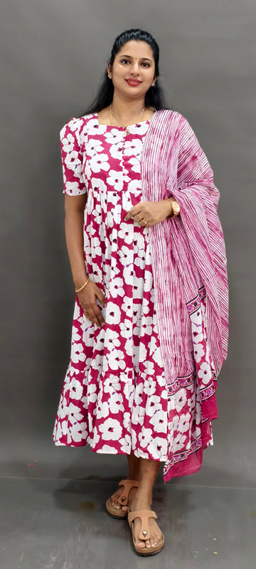 Premium Cotton 2-Tier Maxi - Red Floral with Shawl