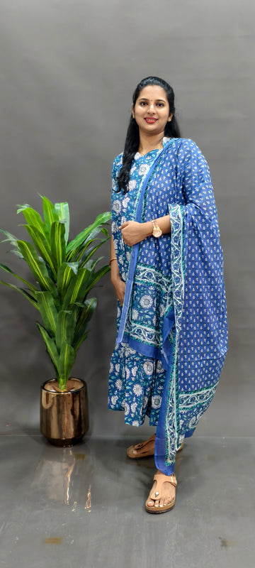 Premium Cotton 2-Tier Maxi - blue with shawl