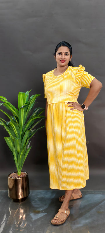YELLOW STRIPES | ZIPLESS CRINKLED MATERNITY MAXI -PUFF SLEEVES | ANKLE LENGTH MAXI