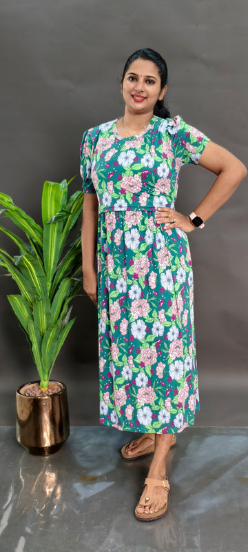 GREEN FLORAL | ZIPLESS SPUN/KNITTED MATERNITY MAXI - PUFF SLEEVES | ANKLE LENGTH MAXI