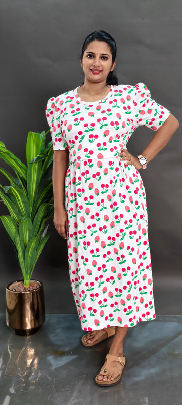 CHERRY WHITE | ZIPLESS CRINKLE MATERNITY MAXI -PUFF SLEEVES | ANKLE LENGTH MAXI