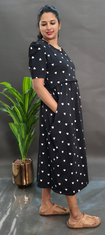 BLACK HEARTS | ZIPLESS KNITTED/ LYCRA MATERNITY MAXI -PUFF SLEEVES | ANKLE LENGTH MAXI