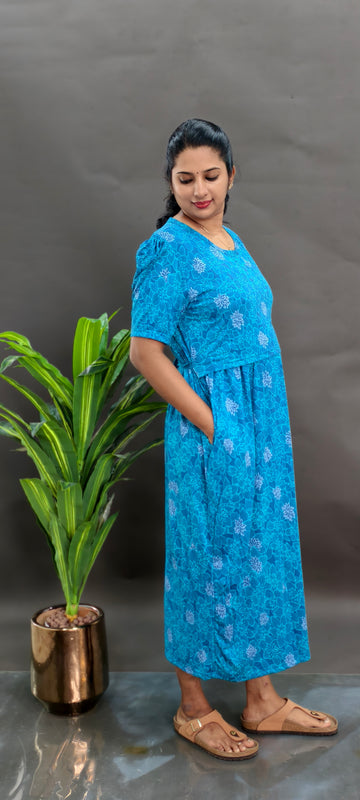BLUE FLORAL | ZIPLESS KNITTED MATERNITY MAXI -PUFF SLEEVES | ANKLE LENGTH MAXI