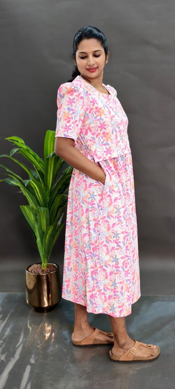 MULTI FLORAL | ZIPLESS CRINKLE MATERNITY MAXI -PUFF SLEEVES | ANKLE LENGTH MAXI