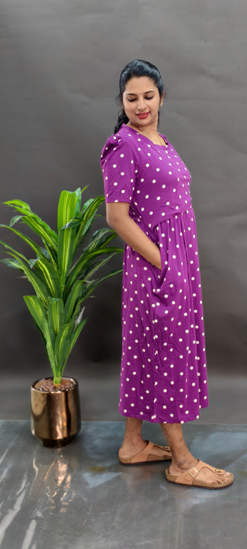 VIOLET DOTS | ZIPLESS KNITTED MATERNITY MAXI -PUFF SLEEVES | ANKLE LENGTH MAXI