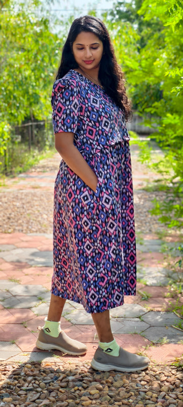 πΈ Ikkat Zipless Maternity Maxi β Puff Sleeves | Ankle Length Comfort Wear