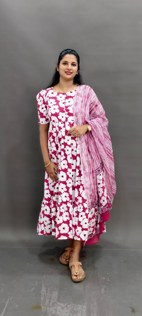 Premium Cotton 2-Tier Maxi - Red Floral with Shawl