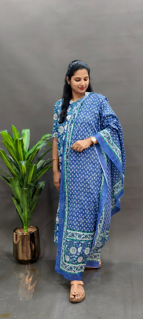 Premium Cotton 2-Tier Maxi - blue with shawl