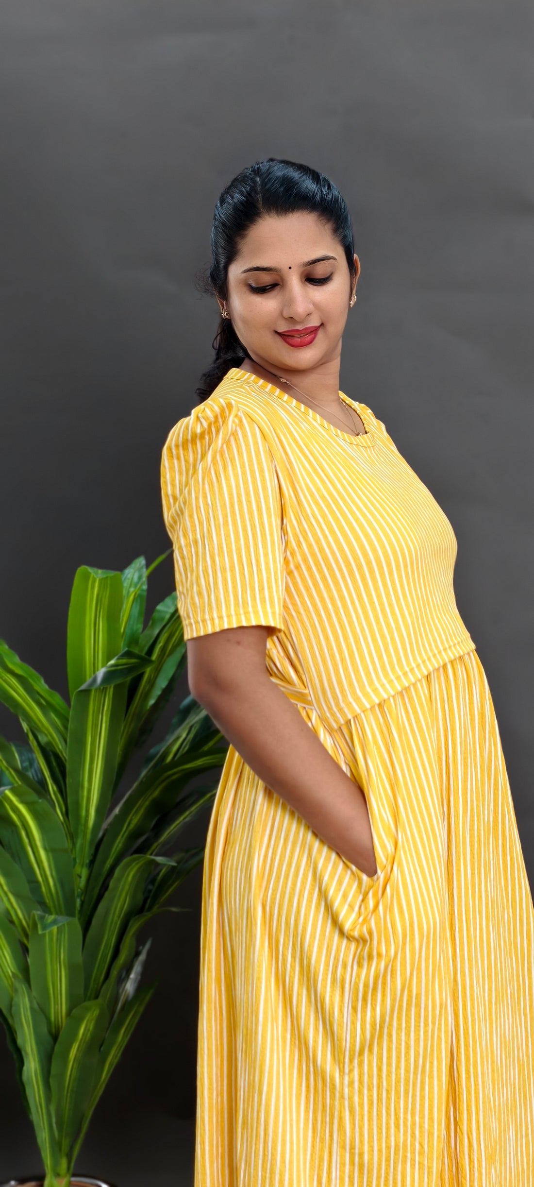 YELLOW STRIPES | ZIPLESS CRINKLED MATERNITY MAXI -PUFF SLEEVES | ANKLE LENGTH MAXI