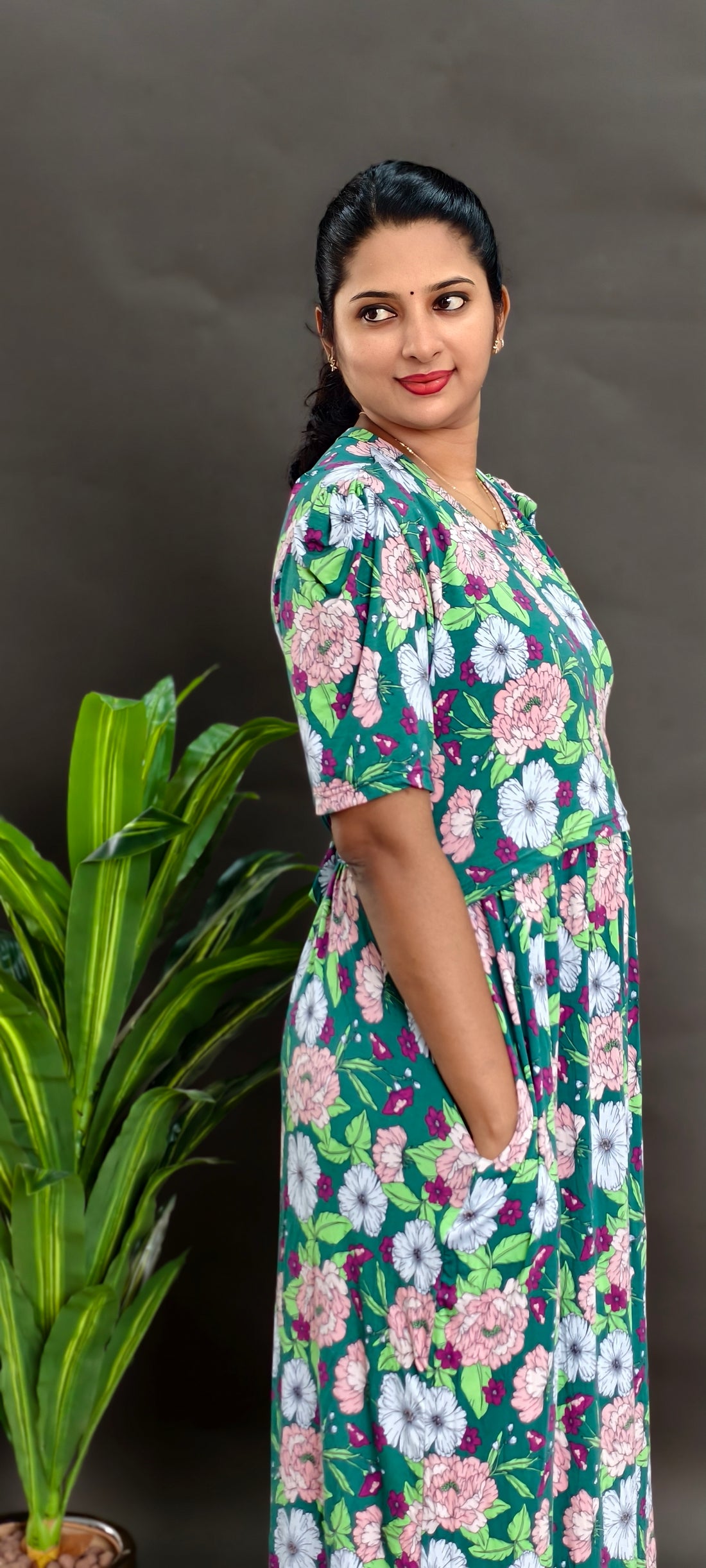GREEN FLORAL | ZIPLESS SPUN/KNITTED MATERNITY MAXI - PUFF SLEEVES | ANKLE LENGTH MAXI