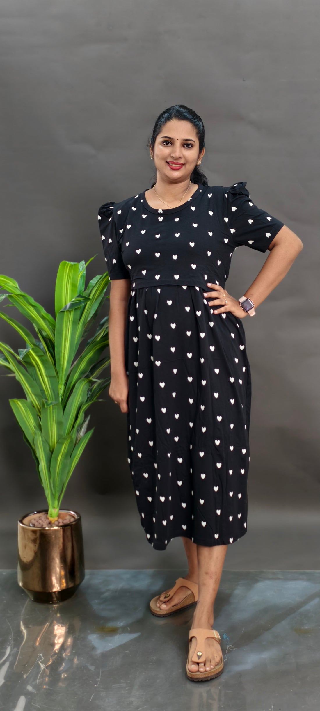 BLACK HEARTS | ZIPLESS KNITTED/ LYCRA MATERNITY MAXI -PUFF SLEEVES | ANKLE LENGTH MAXI