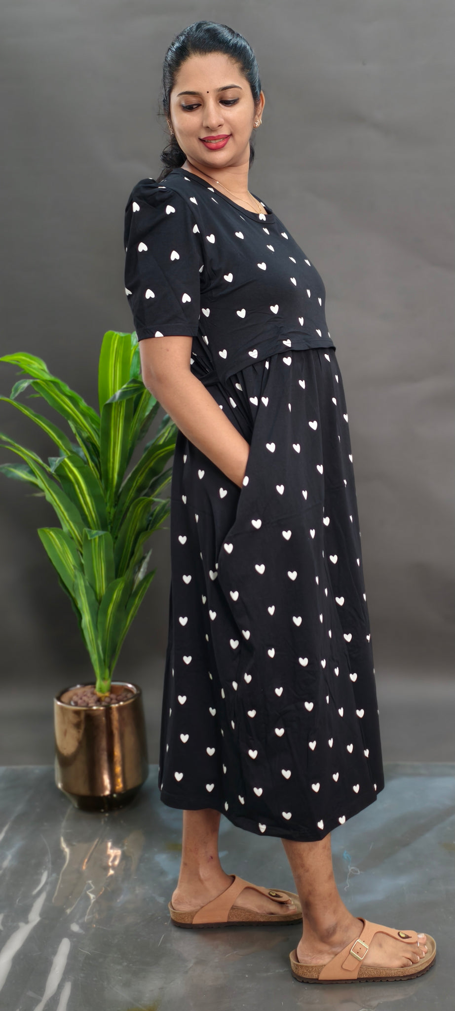 BLACK HEARTS | ZIPLESS KNITTED/ LYCRA MATERNITY MAXI -PUFF SLEEVES | ANKLE LENGTH MAXI