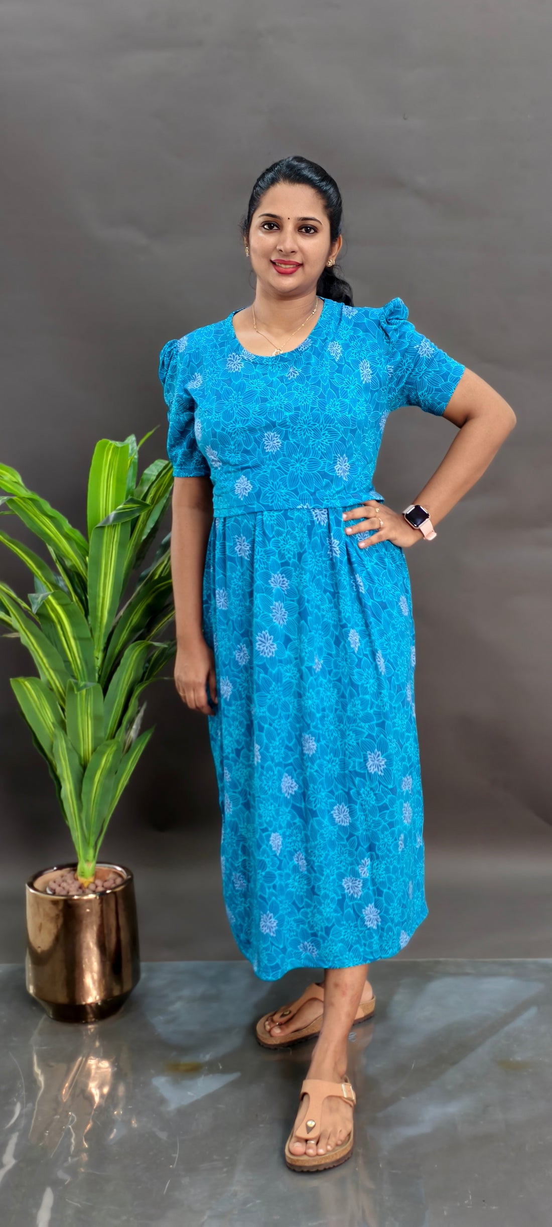 BLUE FLORAL | ZIPLESS KNITTED MATERNITY MAXI -PUFF SLEEVES | ANKLE LENGTH MAXI