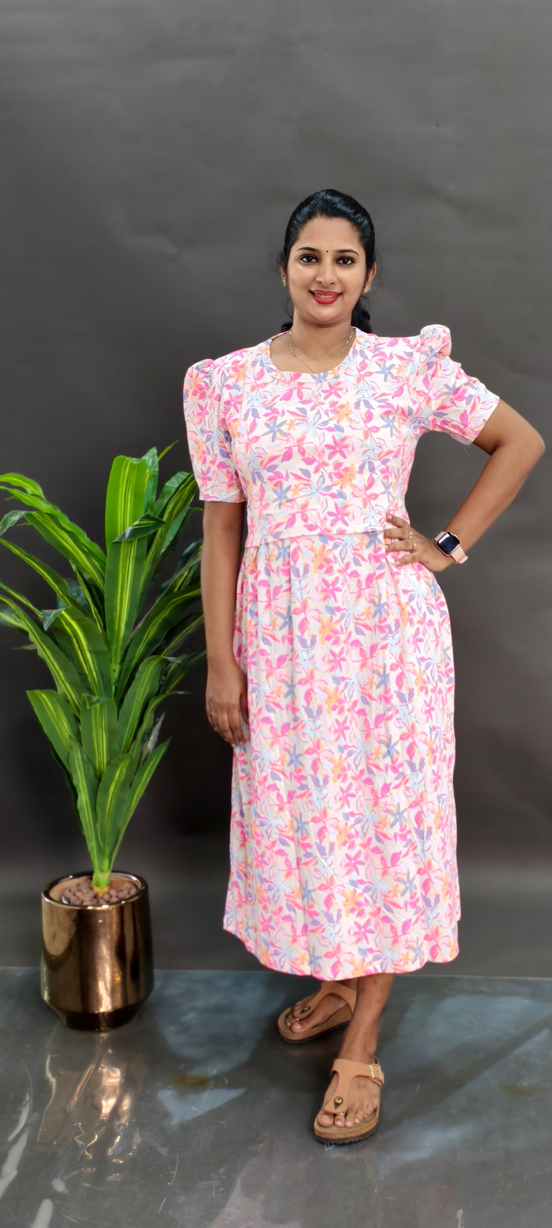 MULTI FLORAL | ZIPLESS CRINKLE MATERNITY MAXI -PUFF SLEEVES | ANKLE LENGTH MAXI