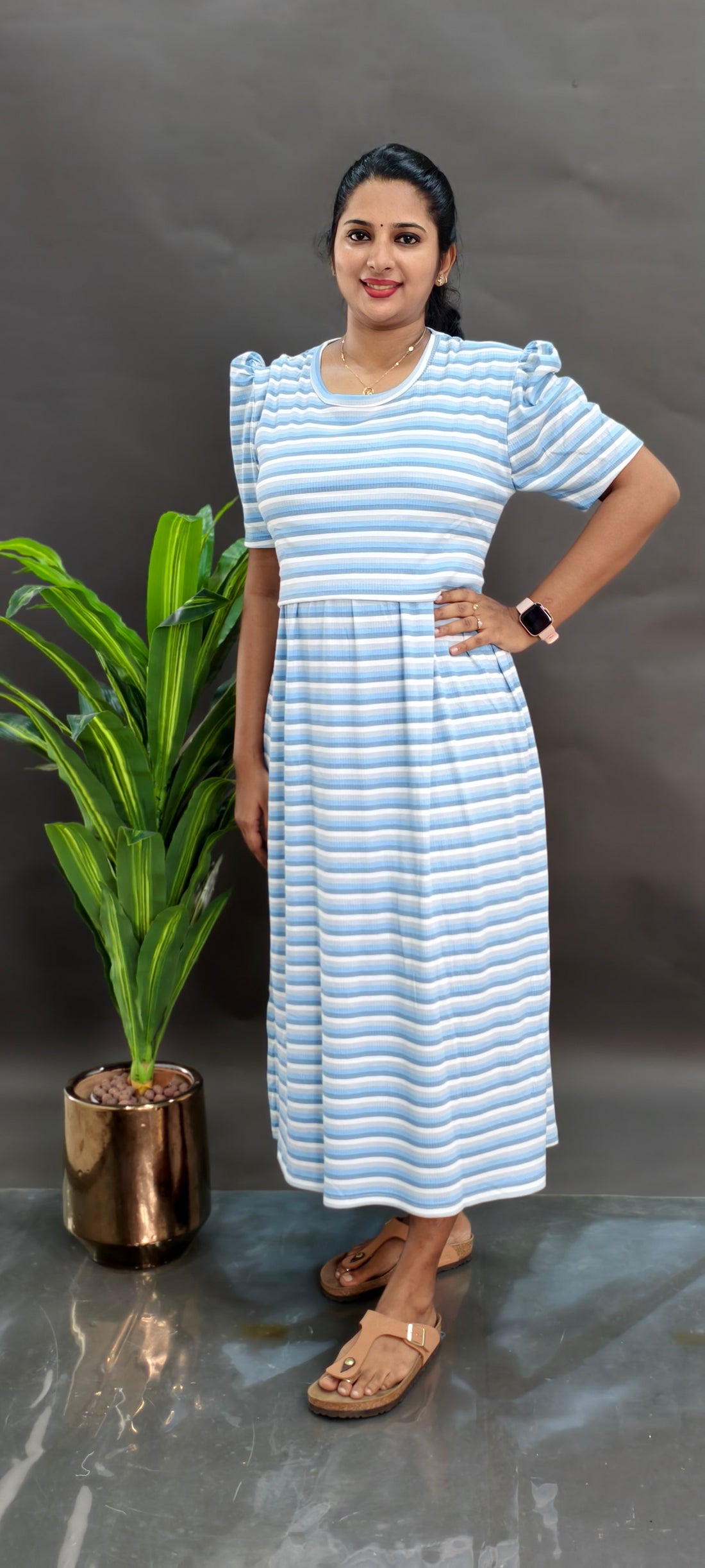 BLUE LINES | ZIPLESS RIB / KNITTED MATERNITY MAXI -PUFF SLEEVES | ANKLE LENGTH MAXI