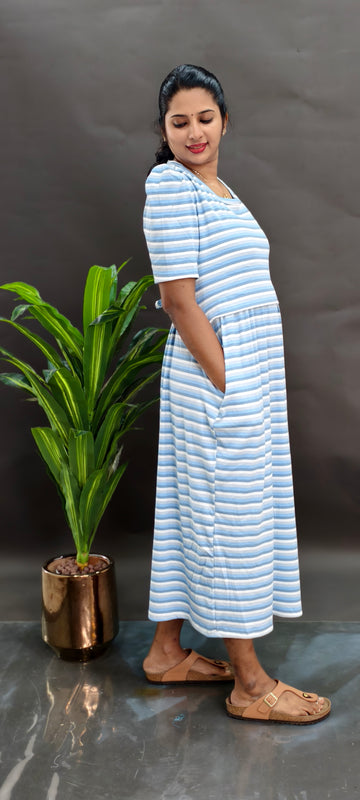 BLUE LINES | ZIPLESS RIB / KNITTED MATERNITY MAXI -PUFF SLEEVES | ANKLE LENGTH MAXI