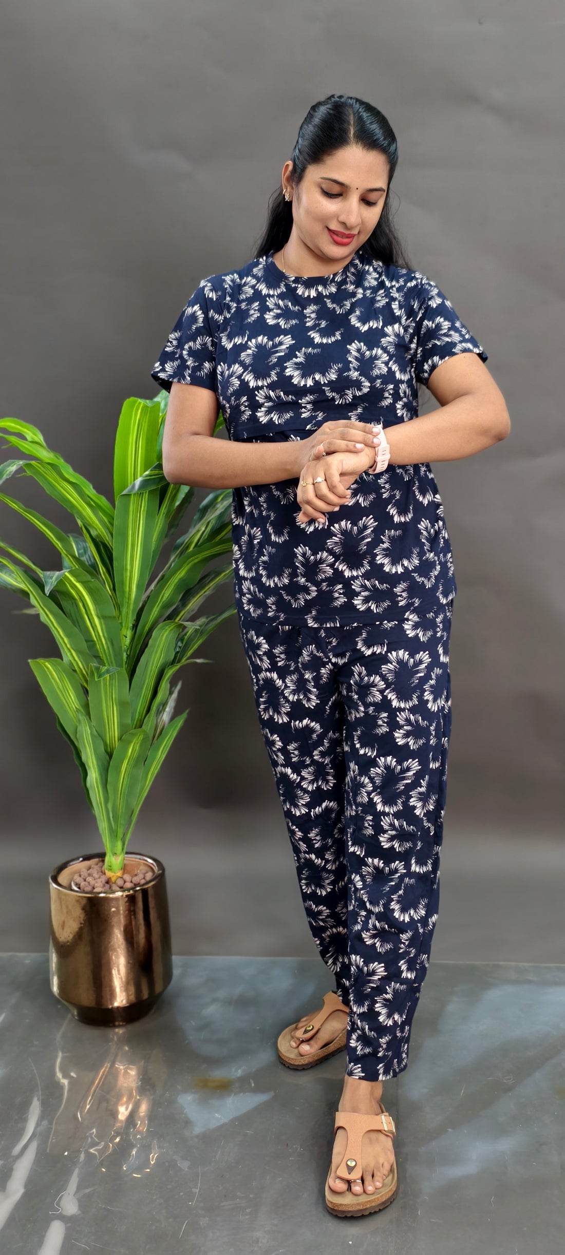 NAVY BLOSSOM | ZIPLESS MATERNITY TOP AND PANT SET | TWO-PIECE NIGHTWEAR