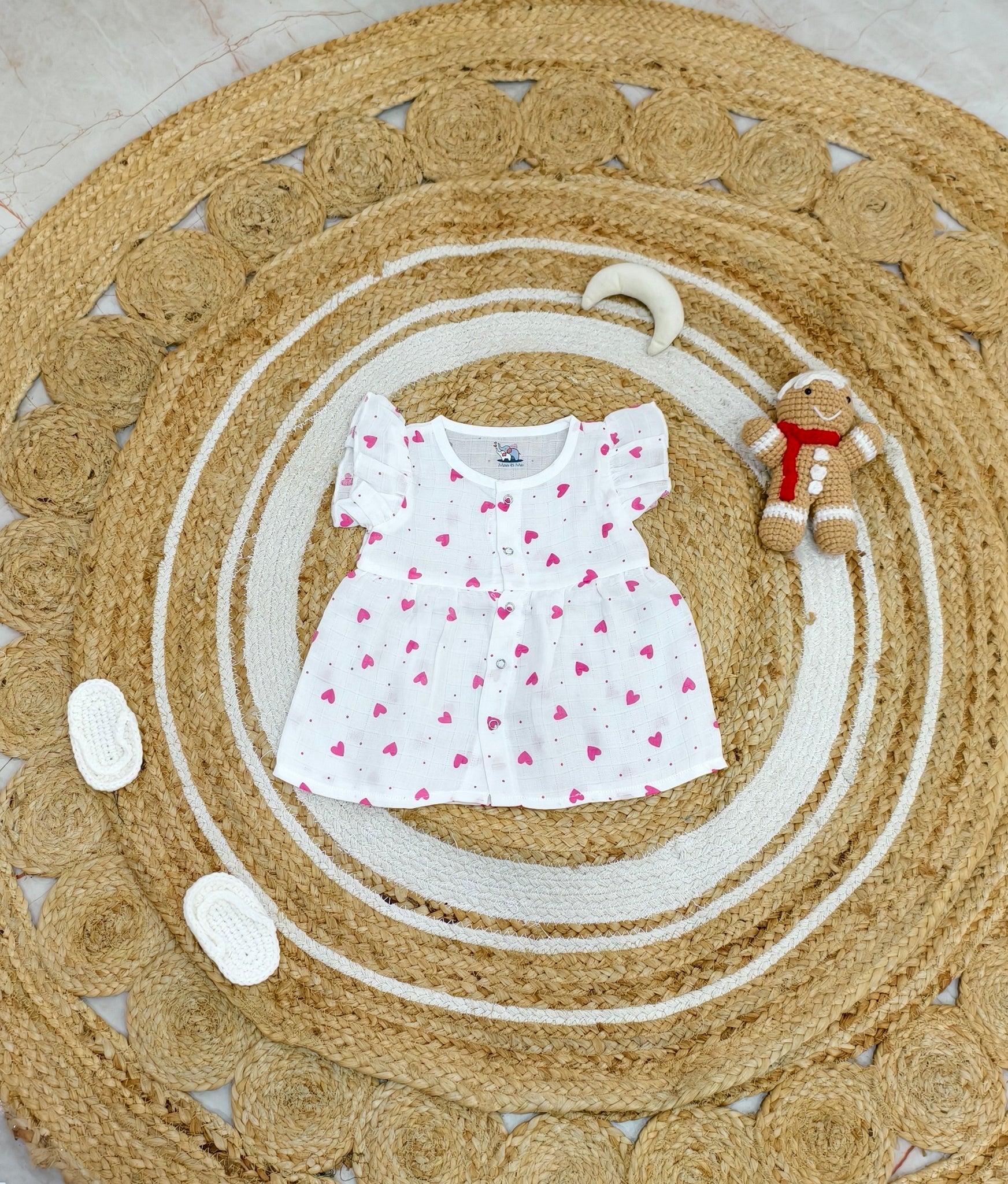 Pink Heart Muslin Frill Frock