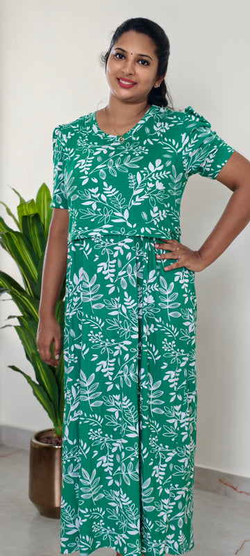 EMERALD LEAF | ZIPLESS KNITTED MATERNITY MAXI -PUFF SLEEVES | ANKLE LENGTH MAXI
