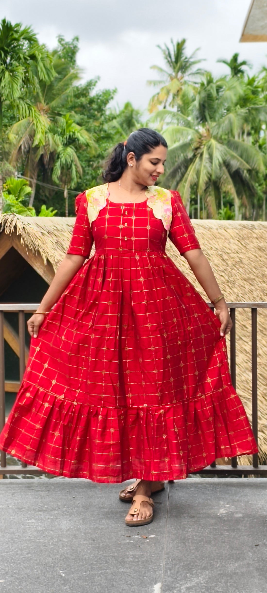 Diwali Edition Premium Silk Cotton 2-Tier Red Maxi With Scallop