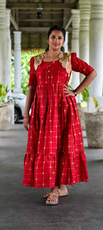 Diwali Edition Premium Silk Cotton 2-Tier Red Maxi With Scallop