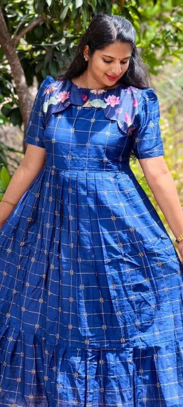 Diwali Edition Premium Silk Cotton 2-Tier Blue Maxi With Scallop