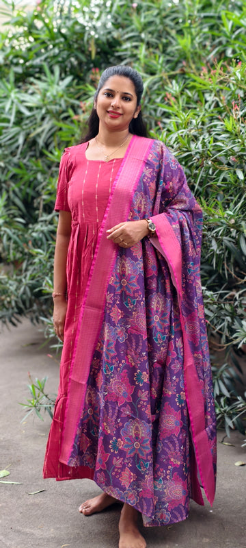 Premium Cotton 3-Tier Maxi in Pink paired with a Purple Floral Silk-Cotton Dupatta