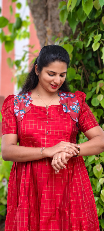 Premium Silk Cotton 2-Tier Red Festive Maxi With Scallop Silver