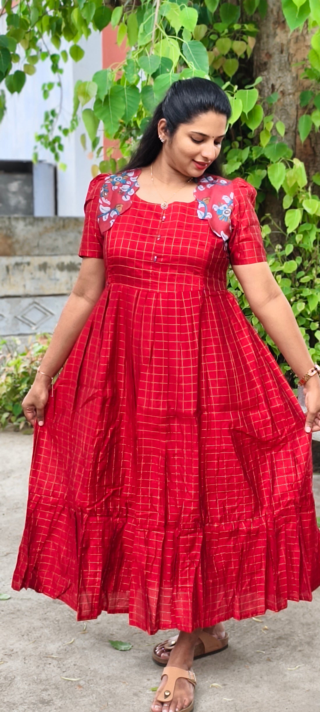 Premium Silk Cotton 2-Tier Red Festive Maxi With Scallop Silver