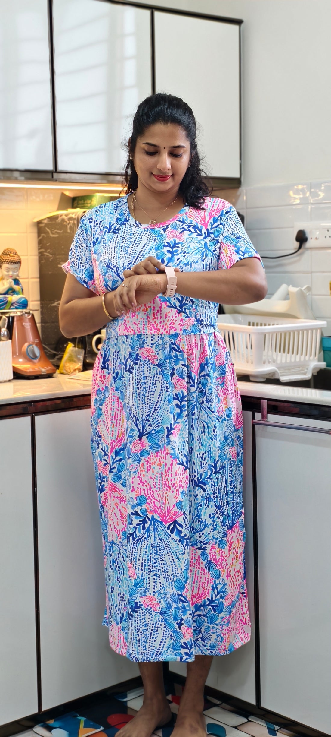 BLUE & PINK FLORAL AURA  | ZIPLESS / KNITTED MATERNITY MAXI | ANKLE LENGTH MAXI