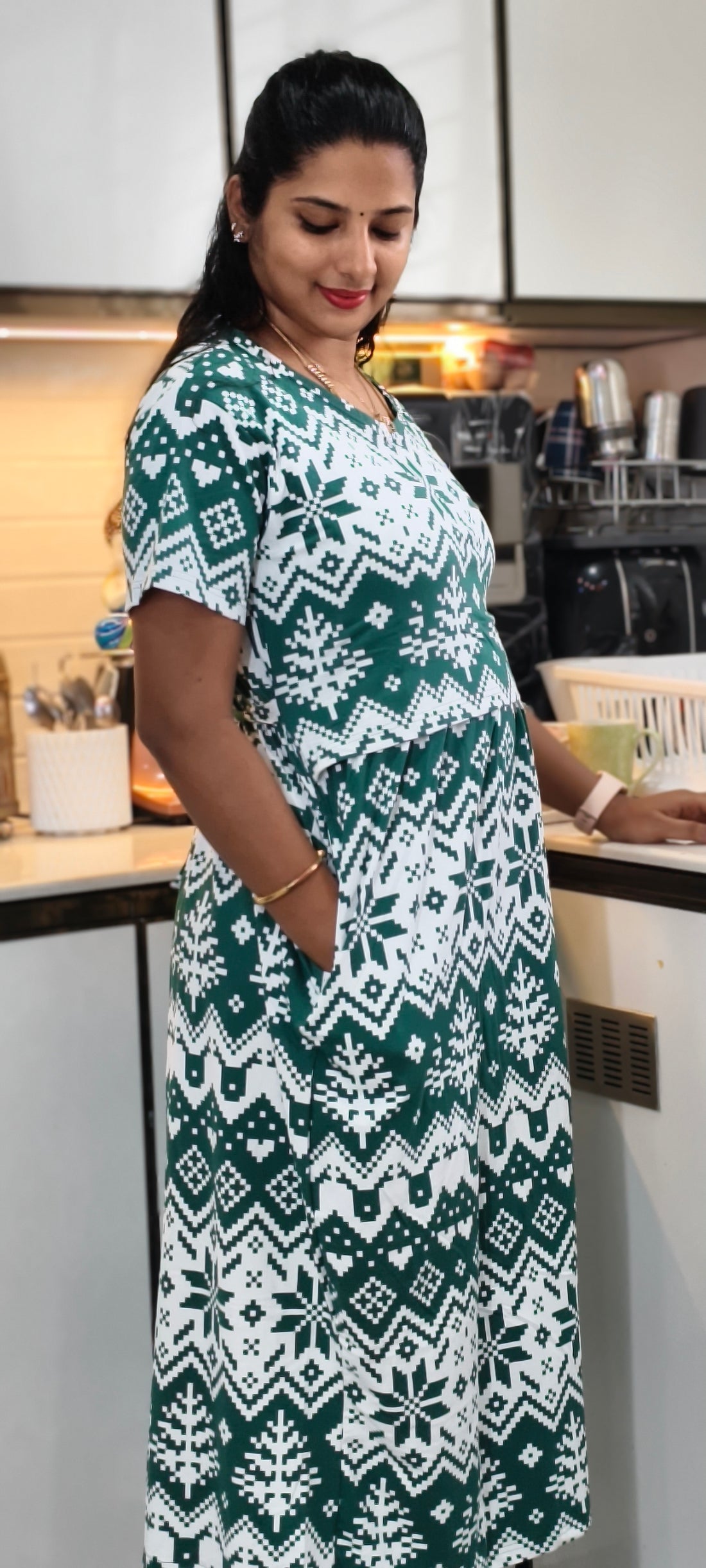 Green Ikkat Bloom Maxi | Zipless Knitted Maternity Maxi | Ankle Length