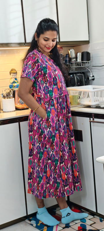 Pink Ikkat Maxi | Zipless Ribbed / Knitted Maternity Maxi | Ankle Length