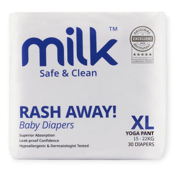 Milk Baby Diaper Yoga Pants Size XL, 30 Count, 15-22kg, Rash Protection, Leak-Proof, Ultra Soft Pull-Up Pants for Babies