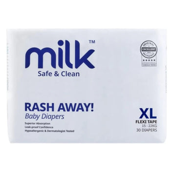 Milk Baby Diapers Flexi Tape Size XL, 30 Count, 15-22kg, Rash Protection, Leak-Proof, Soft & Comfortable, Hypoallergenic Baby Diapers