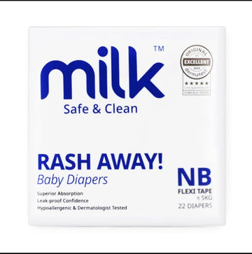 Milk Baby Diapers Flexi Tape Size NB, 22 Count, upto 5kg, Rash Protection, Leak-Proof, Soft & Comfortable, Hypoallergenic Baby Diapers